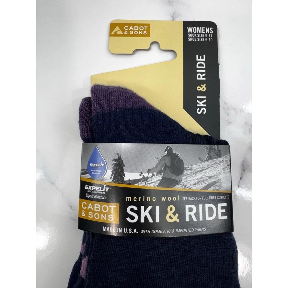 New Cabot & Sons Ride & Ski Full Leg Socks Merino Wool Blue‎ Purple Women's 9-11